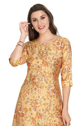 Gold Muslin Kurti for women with Multi-Color Floral Print